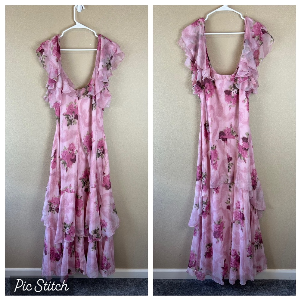 ASOS Design Curve ruffle maxi dress with flutter sleeves in pink floral print - Picture 4 of 12